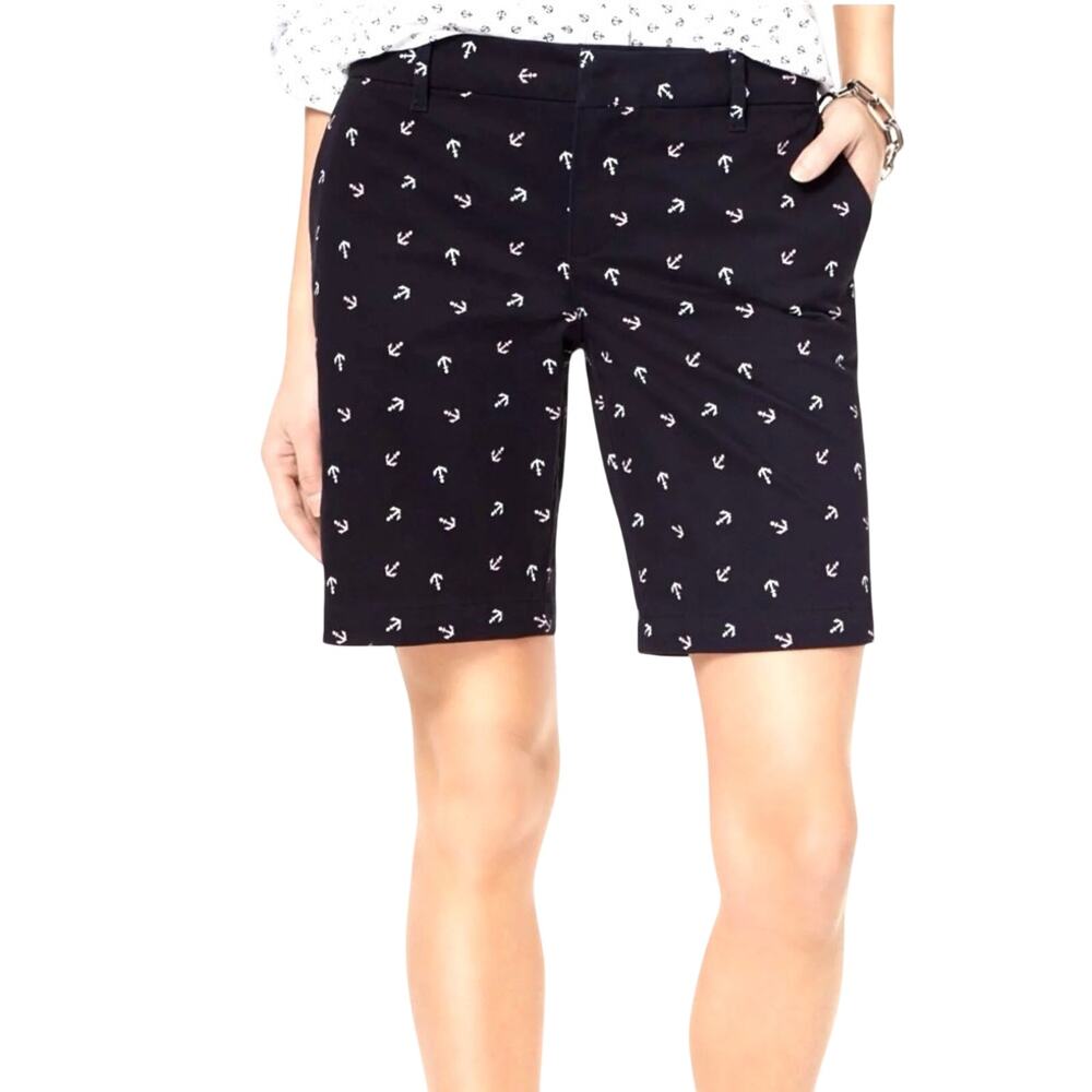 Tommy Hilfiger Chino Shorts 8 Navy Blue Anchor Print Nautical Preppy Sailorcore